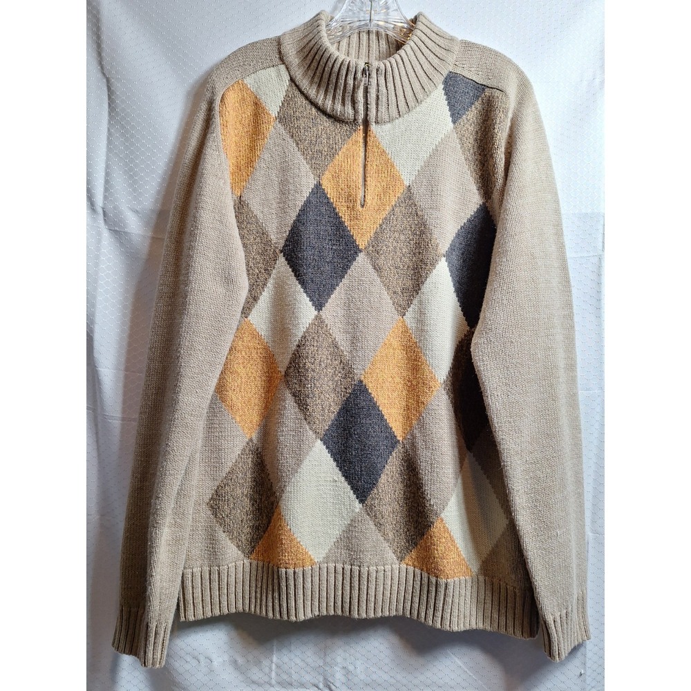 Vtg ALAN STUART 1/4 Zip Mock Neck Sweater Sz L Beige Argyle 80s 90s Preppy Dad